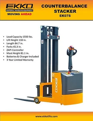 EKKO Lifts EK07S pallet stacker shown from an alternate angle