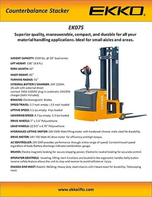 EKKO Lifts EK07S pallet stacker shown from an alternate angle