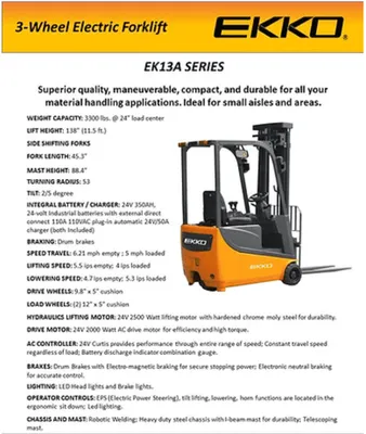 EKKO EK13A 3 Wheel Electric Forklift