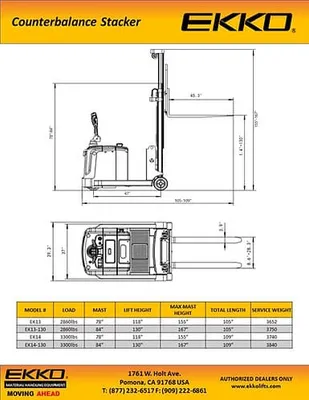 EKKO Lifts EK14-130 pallet stacker shown from an alternate angle