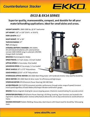 EKKO Lifts EK14-130 pallet stacker shown from an alternate angle