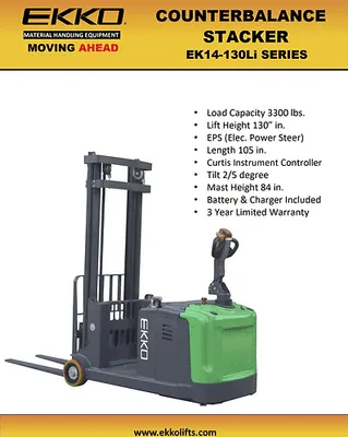 EKKO Lifts EK14-130Li pallet stacker shown from an alternate angle