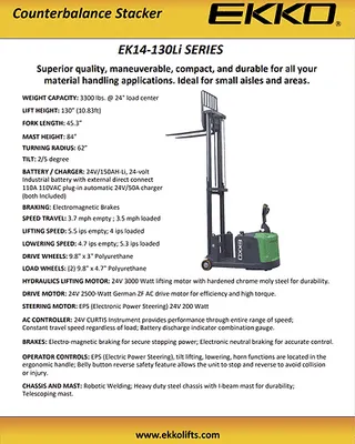 EKKO Lifts EK14-130Li pallet stacker shown from an alternate angle