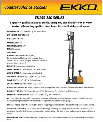 EKKO EK14S-130 Electric Counterbalanced Walkie Stacker