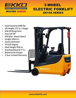 EKKO Lifts EK15A forklift shown from an alternate angle