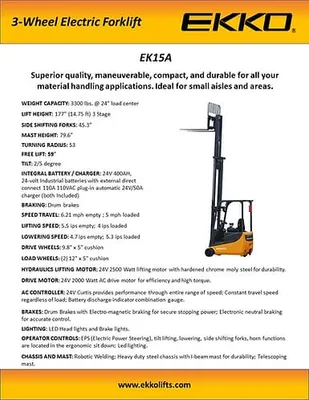EKKO Lifts EK15A forklift shown from an alternate angle