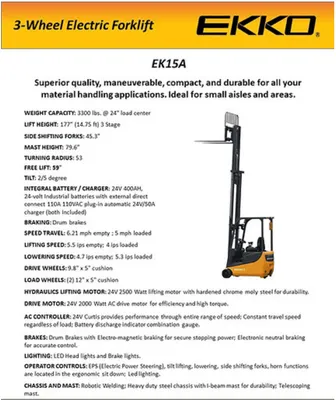 EKKO EK15A 3 Wheel Electric Forklift