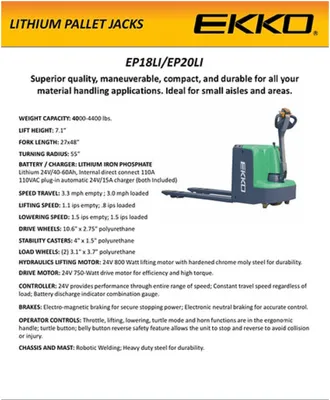EKKO EP18LI Lithium Iron Electric Walkie Pallet Jack