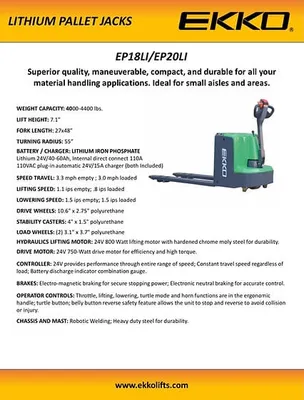 EKKO Lifts EP18LI pallet jack shown from an alternate angle