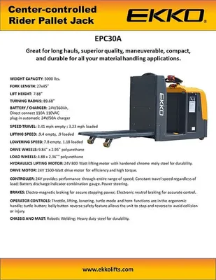 EKKO Lifts EPC30A pallet jack shown from an alternate angle