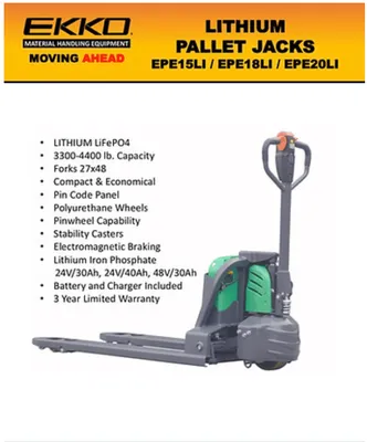 EKKO Electric Lithium Iron Phosphate EPE18LI Pallet Jack