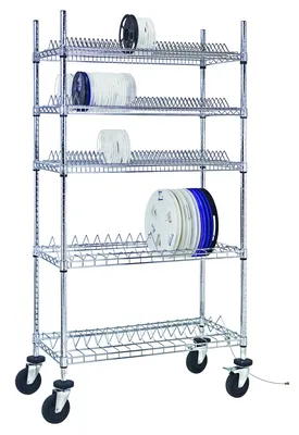Quantum WRC-R60C Reel Shelving Cart, 36"W x 18"D x 69"H, 400 lb capacity, Chrome — in use