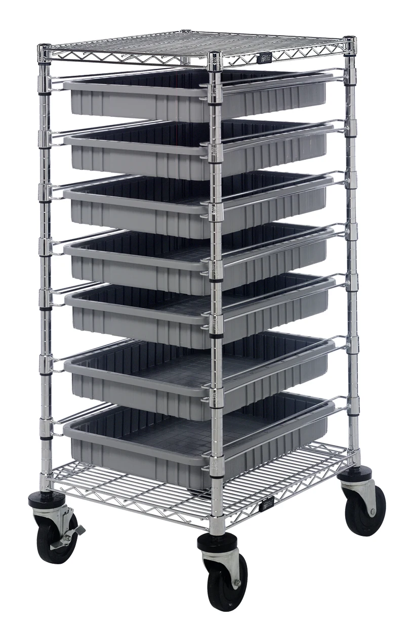 Quantum BC212439M2GY Mobile Bin Cart, 21"W x 24"L x 45"H, 1200 lb capacity, Chrome
