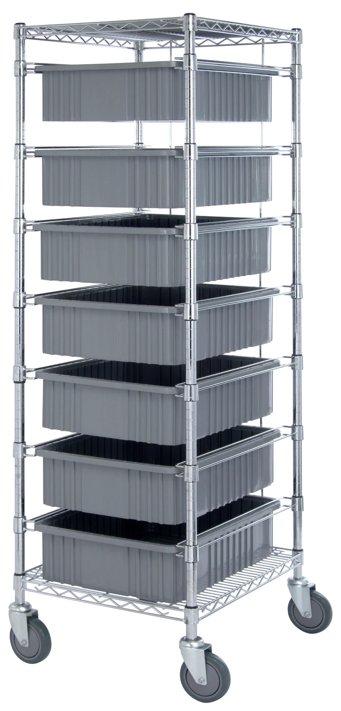 Quantum BC212469M1GY Mobile Bin Cart, 21"W x 24"L x 69"H, 1200 lb capacity, Chrome
