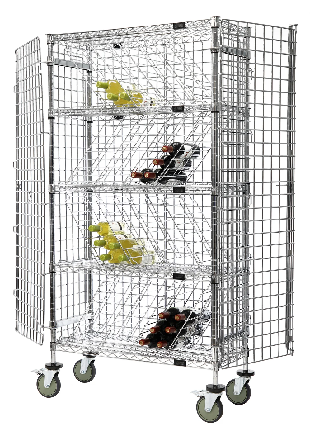 Quantum 1436-74MIXSEC Stationary Mixed Wine Security Unit, 36"W x 14"D x 74"H, Chrome — in use