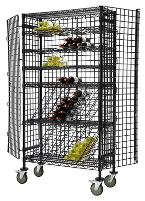 Quantum M1448-69MIXSECBK Mobile Mixed Wine Security Unit, 48"W x 14"D x 74"H, Black — in use