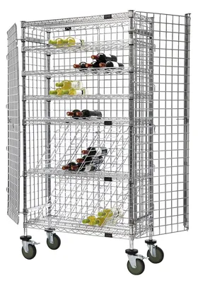 Quantum M1436-69MIXSEC Mobile Mixed Wine Security Unit, 36"W x 14"D x 74"H, Chrome — in use