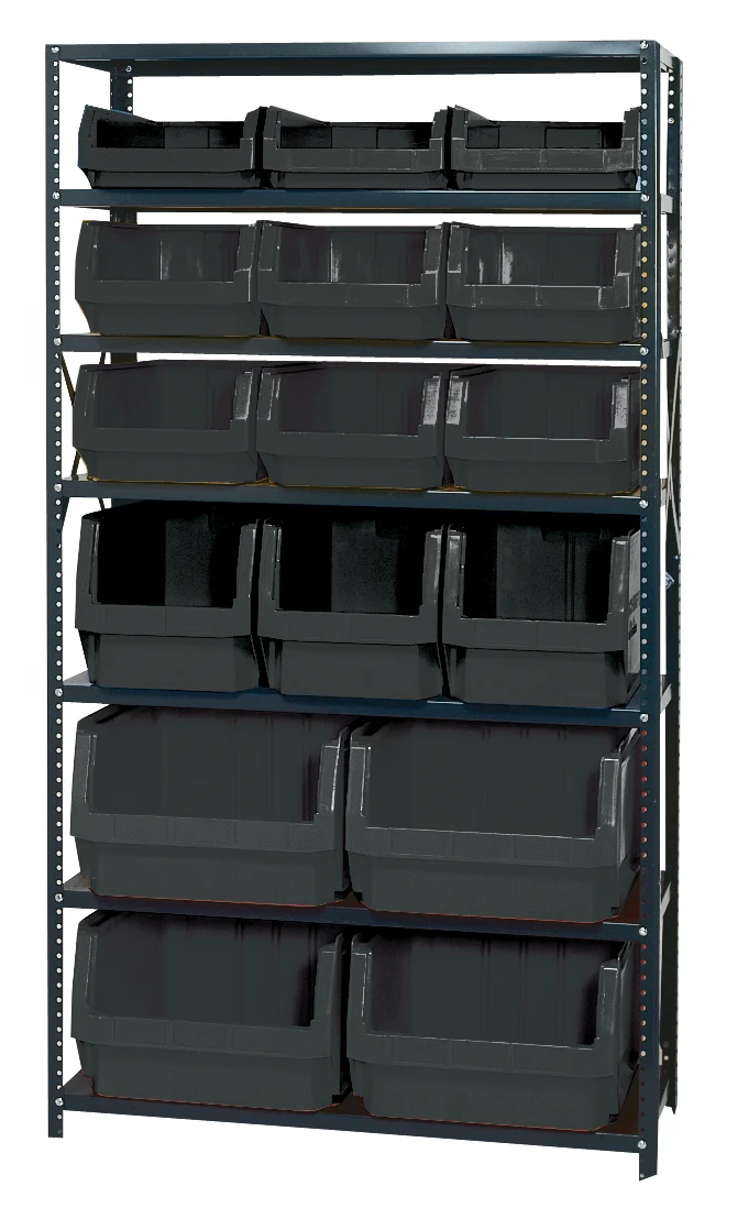 Quantum MSU-16-MIXBK Magnum Bin Steel Shelving, 42"W x 18"D x 75"H, 350 lb capacity, Gray