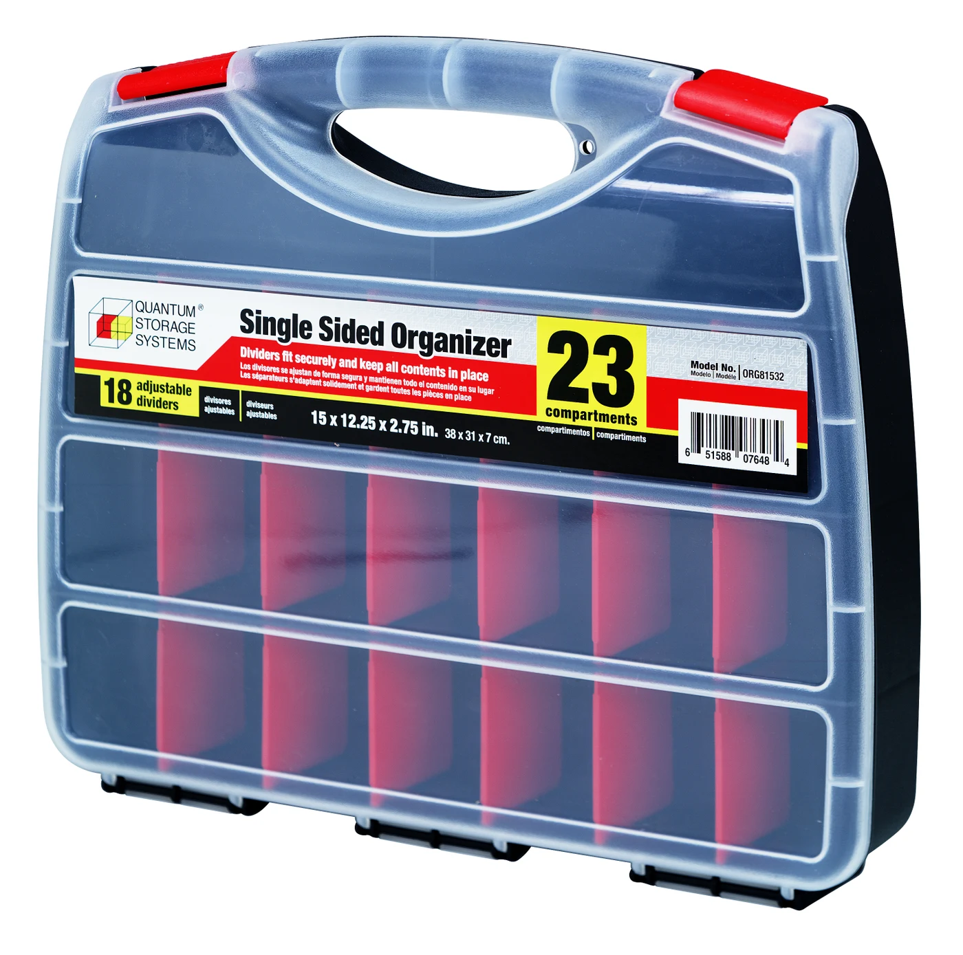 Quantum ORG81532CS Single-Sided Organizer, 15"L x 12-1/4"W x 2-3/4"H, Black/Red/Clear, Case of 6