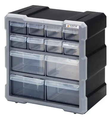 Quantum PDC-12BK Plastic Drawer Cabinet, 6-1/4"L x 10-1/2"W x 10-1/4"H, Black/Gray