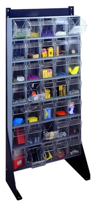 Quantum QFS148-305GY Single-Sided Tip Out Bin Floor Stand, 10"D x 23-5/8"W x 52"H, 300 lb capacity, Black — in use