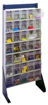 Quantum QFS148-35IV Single-Sided Tip Out Bin Floor Stand, 10"D x 23-5/8"W x 52"H, 300 lb capacity, Black — in use