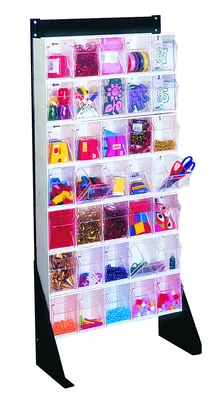 Quantum QFS-148-38WT Single-Sided Tip Out Bin Floor Stand, 10"D x 23-5/8"W x 52"H, 300 lb capacity, Black — in use