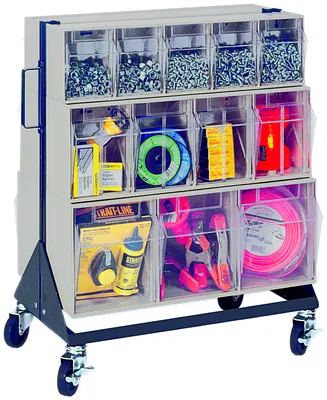 Quantum QFS224-24+QFS400GY Double-Sided Tip Out Bin Floor Stand, 20-1/4"D x 23-5/8"W x 31"H, 500 lb capacity, Black — in use
