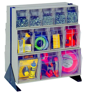 Quantum QFS224-24GY Double-Sided Tip Out Bin Floor Stand, 20-1/4"D x 23-5/8"W x 28"H, 600 lb capacity, Black — in use