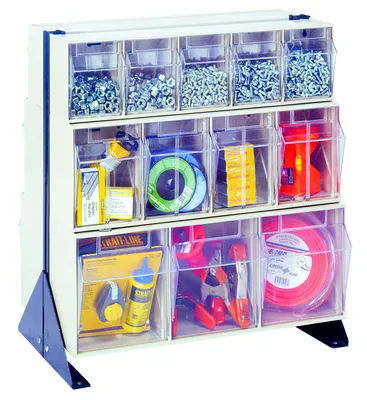 Quantum QFS224-24WT Double-Sided Tip Out Bin Floor Stand, 20-1/4"D x 23-5/8"W x 28"H, 600 lb capacity, Black — in use