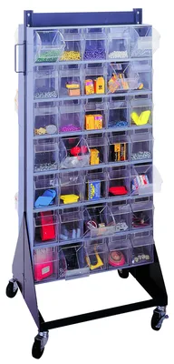 Quantum QFS248-305+QFS400GY Mobile Tip Out Bin Floor Stand, 20-1/4"D x 23-5/8"W x 52"H, 500 lb capacity, Black — in use