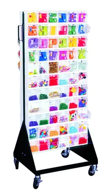 Quantum QFS248-76+QFS400GY Double-Sided Tip Out Bin Floor Stand, 20-1/4"D x 23-5/8"W x 55"H, 500 lb capacity, Black — in use