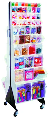 Quantum QFS270-72+QFS400WT Double-Sided Tip Out Bin Floor Stand, 20-1/4"D x 23-5/8"W x 78"H, 500 lb capacity, Black — in use