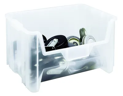 Quantum QGH800CLCS Stacking Container, 150 lb capacity, Clear, Case of 2 — in use