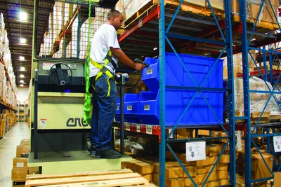 Quantum QRB166BL RackBin 42" Container, 16-1/2"W x 41-7/8"L x 17-1/2"H, 180 lb capacity, Blue — in use