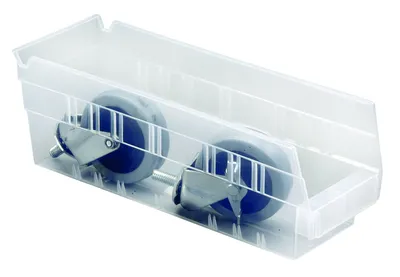 Quantum QSB101CLCS Economy Shelf Bin, 11-5/8"D x 4-1/8"W x 4"H, 35 lb capacity, Clear, Case of 36 — in use