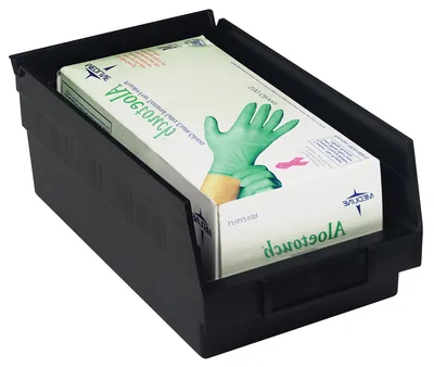 Quantum QSB105BRCS Economy Shelf Bin, 23-5/8"D x 4-1/8"W x 4"H, 35 lb capacity, Black, Case of 16 — in use