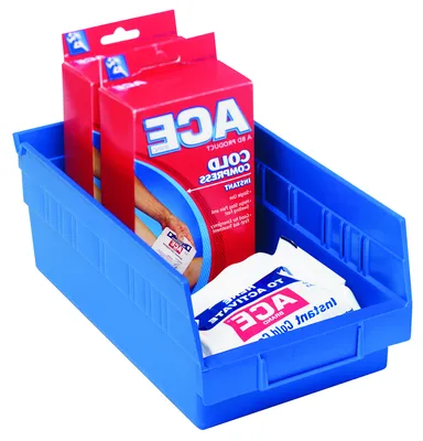Quantum QSB102BLCS Economy Shelf Bin, 11-5/8"D x 6-5/8"W x 4"H, 35 lb capacity, Blue, Case of 30 — in use