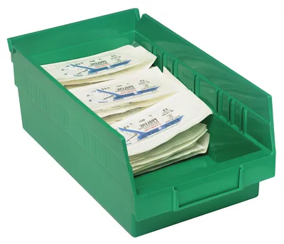 Quantum QSB103GNCS Economy Shelf Bin, 17-7/8"D x 4-1/8"W x 4"H, 35 lb capacity, Green, Case of 20 — in use