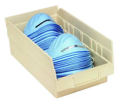 Quantum QSB102IVCS Economy Shelf Bin, 11-5/8"D x 6-5/8"W x 4"H, 35 lb capacity, Ivory, Case of 30 — in use
