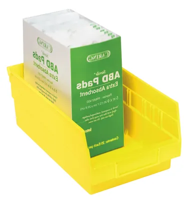 Quantum QSB103YLCS Economy Shelf Bin, 17-7/8"D x 4-1/8"W x 4"H, 35 lb capacity, Yellow, Case of 20 — in use