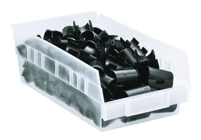 Quantum QSB102CLCS Economy Shelf Bin, 11-5/8"D x 6-5/8"W x 4"H, 35 lb capacity, Clear, Case of 30 — in use