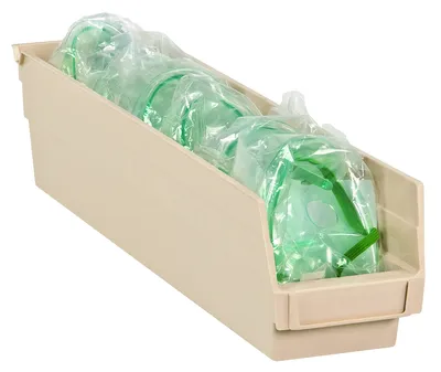 Quantum QSB105IVCS Economy Shelf Bin, 23-5/8"D x 4-1/8"W x 4"H, 35 lb capacity, Ivory, Case of 16 — in use