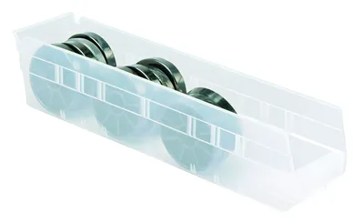 Quantum QSB103CLCS Economy Shelf Bin, 17-7/8"D x 4-1/8"W x 4"H, 35 lb capacity, Clear, Case of 20 — in use
