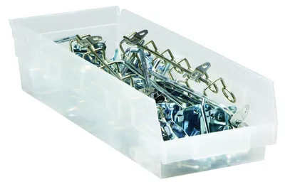 Quantum QSB104CLCS Economy Shelf Bin, 17-7/8"D x 6-5/8"W x 4"H, 35 lb capacity, Clear, Case of 20 — in use