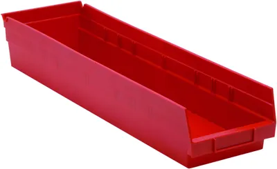 Quantum QSB106RDCS Economy Shelf Bin, 23-5/8"D x 6-5/8"W x 4"H, 35 lb capacity, Red, Case of 8