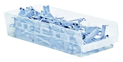 Quantum QSB106CLCS Economy Shelf Bin, 23-5/8"D x 6-5/8"W x 4"H, 35 lb capacity, Clear, Case of 8 — in use