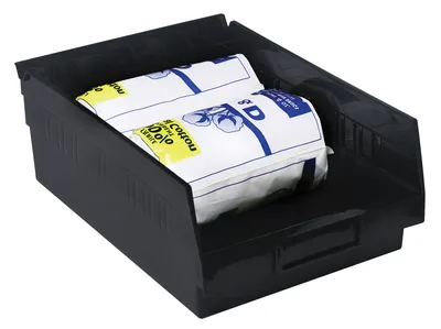 Quantum QSB116BRCS Economy Shelf Bin, 23-5/8"D x 11-1/8"W x 4"H, 35 lb capacity, Black, Case of 6 — in use