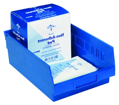 Quantum QSB116BLCS Economy Shelf Bin, 23-5/8"D x 11-1/8"W x 4"H, 35 lb capacity, Blue, Case of 6 — in use