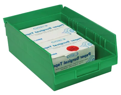 Quantum QSB110GNCS Economy Shelf Bin, 17-7/8"D x 11-1/8"W x 4"H, 35 lb capacity, Green, Case of 8 — in use